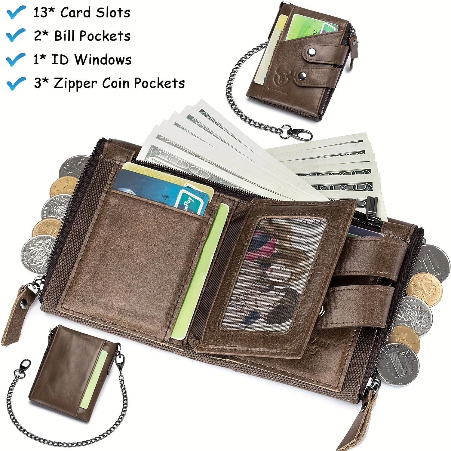 (image for) BULLCAPTAIN Genuine Leather Mens Wallet RFID Blocking Short Wallet with Chain Multifunction Card Holder Double Zipper Coin Purse Money Clip Compact Storage Bag Stylish